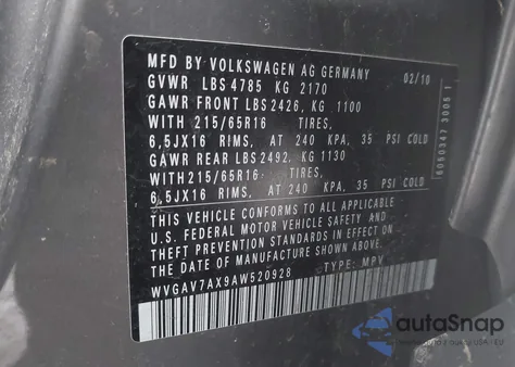 2010 Volkswagen Tiguan S из США, поврежденный, VIN WVGAV7AX9AW520928